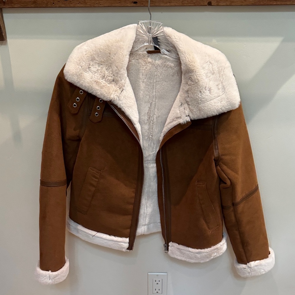 H&M Brown and Cream Faux Fur Jacket Size XS